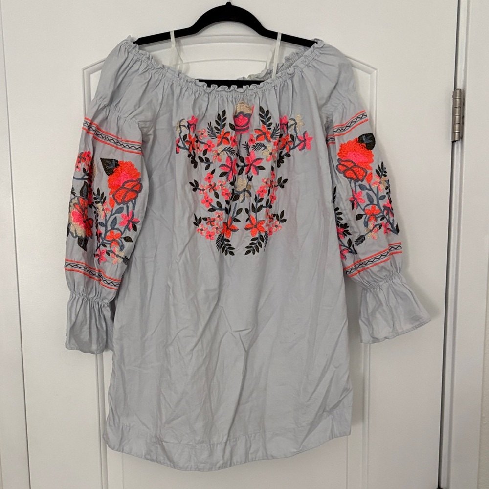 Free People Pale Blue Embroidered Off-Shoulder dress